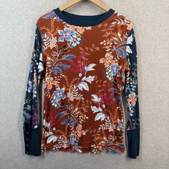 Sundance Tops - Sundance Floral Waffle Knit Thermal Top Rust Brown Velvet Button Cuff Large